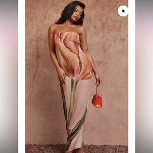 PLT Stone Oversized Chiffon Floral Print Bandeau Maxi Dress